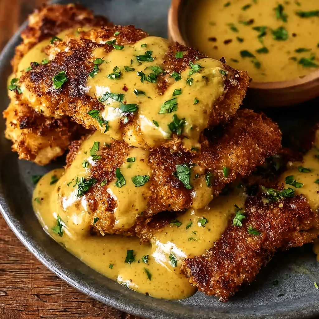 Pretzel Chicken with Mustard-Cheddar Sauce 🥨🍗 (Crispy, Savory & Comforting)