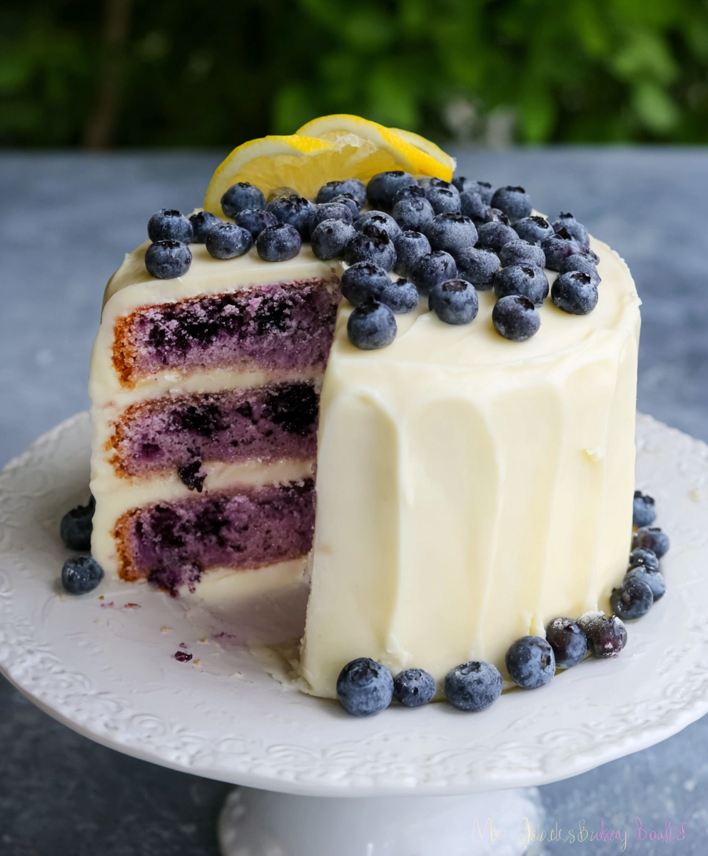 Blueberry Cake with Lemon Cream Cheese Frosting (Moist, Bright & Bakery-Style)