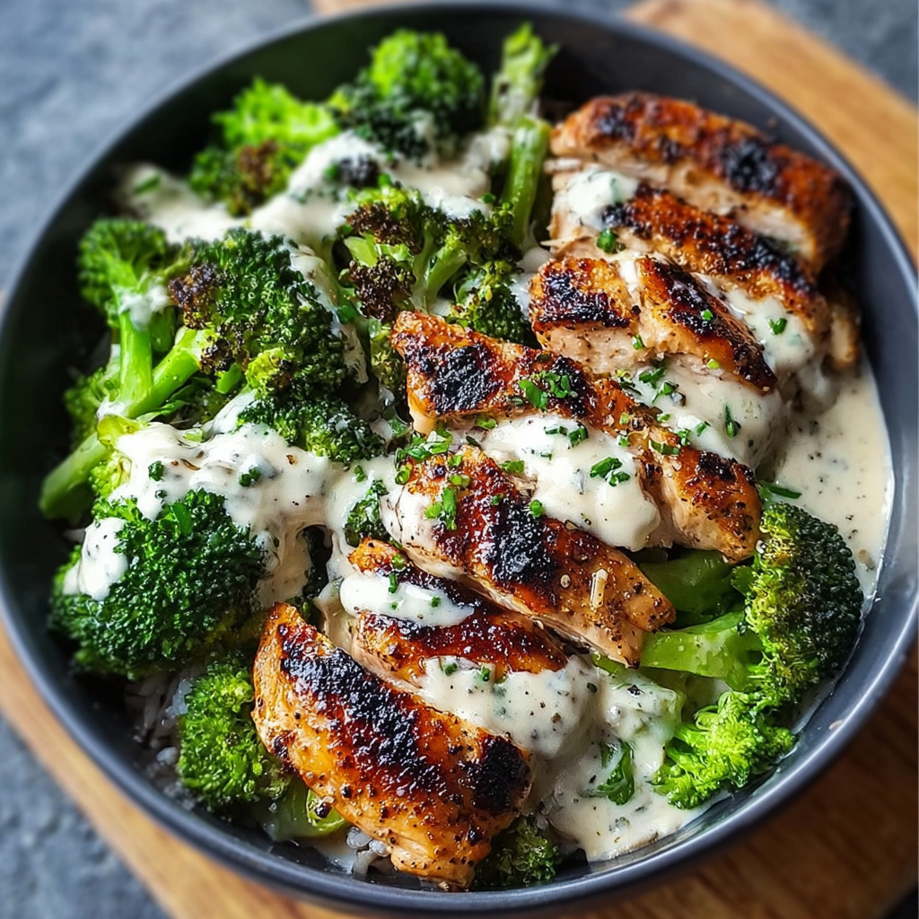 Grilled Chicken & Broccoli Bowls with Creamy Garlic Sauce