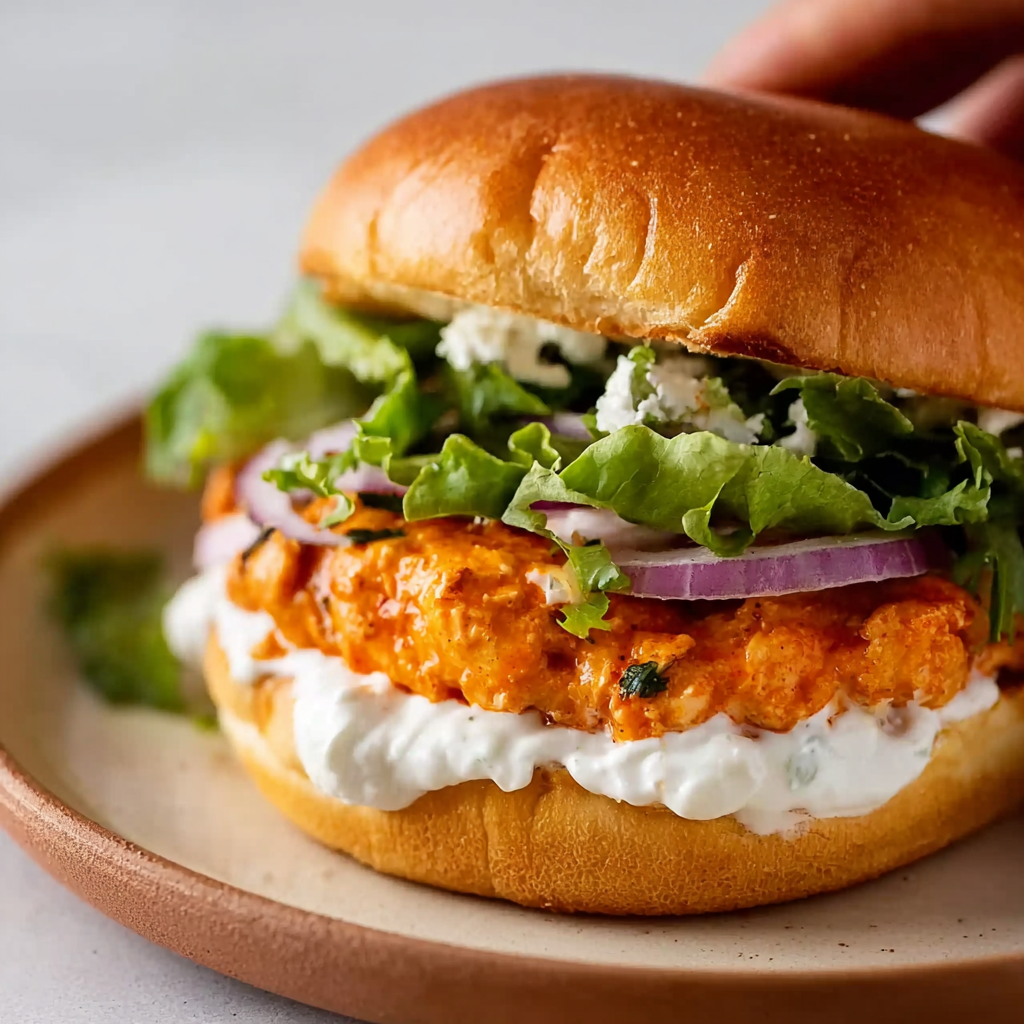 Buffalo Chicken Burgers with Whipped Feta