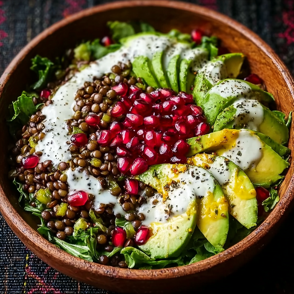 Winter Salad: Lentils, Avocado, Pomegranate & Yogurt-Tahini Dressing