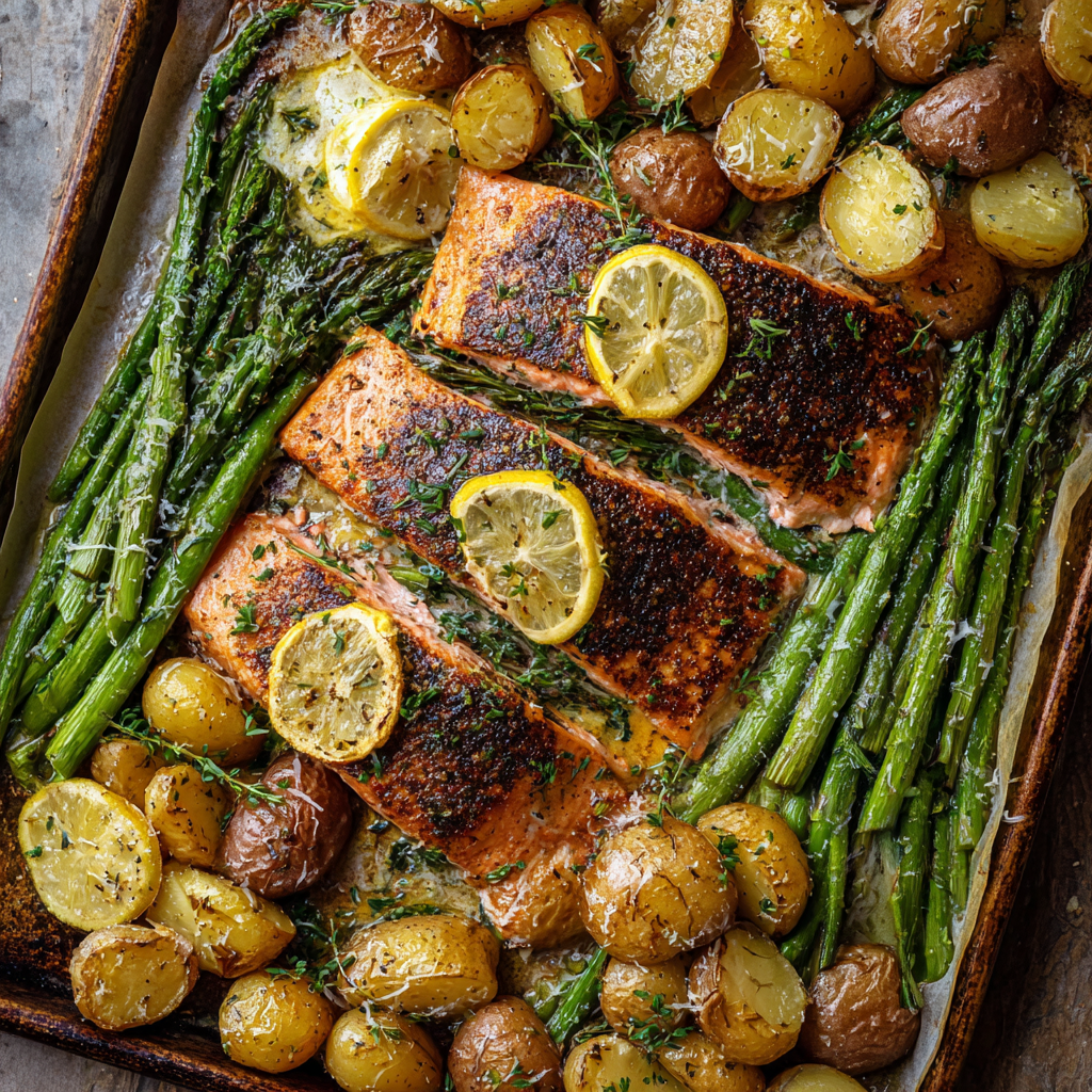 Sheet Pan Lemon Brown Butter Salmon with Potatoes & Parmesan Asparagus 🍋🐟🥔