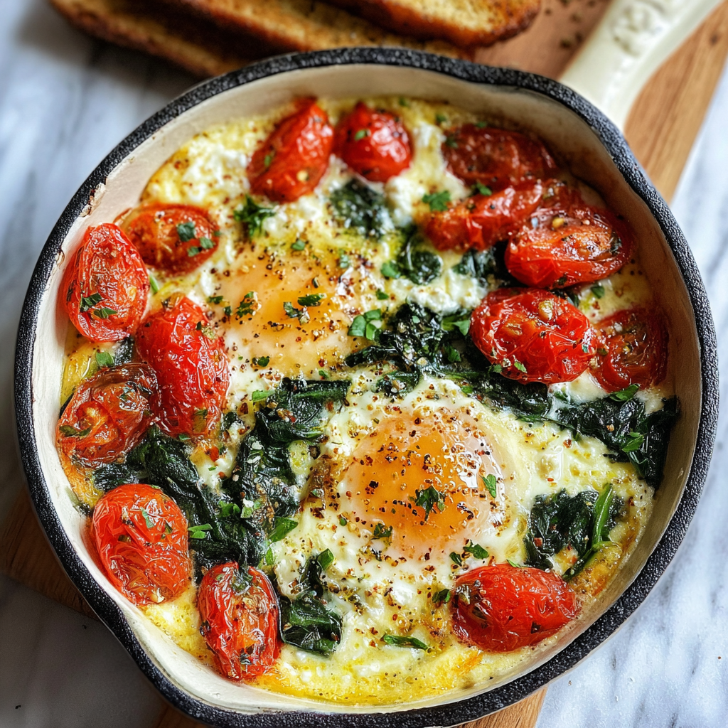 Baked Feta Eggs with Spinach and Tomatoes