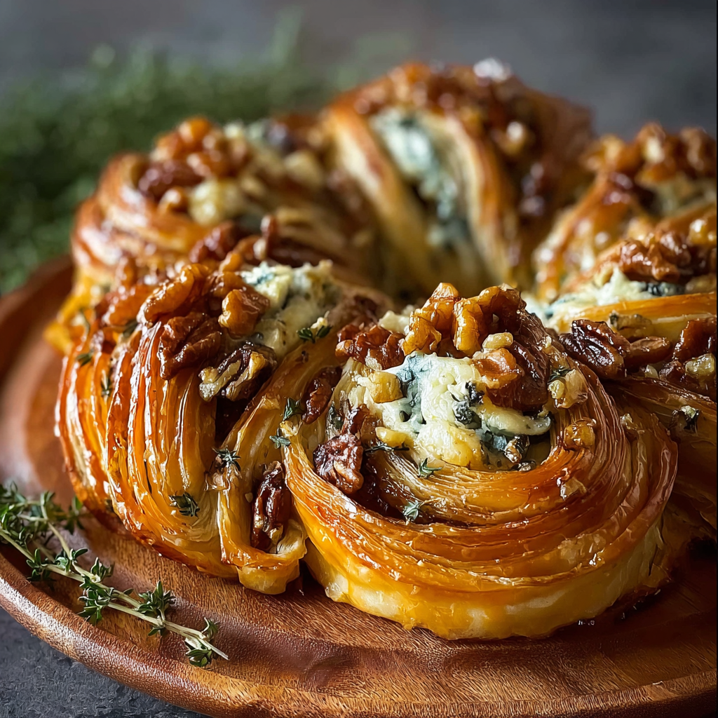 Blue Cheese, Walnut, and Thyme Pull-Apart Puff Pastry Twirl (Savory, Flaky & Elegant)