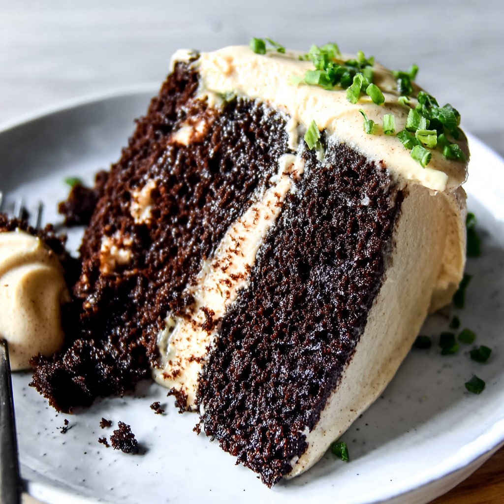 Close-up of a slice of Guinness chocolate cake on a plate, glossy fudgy chocolate cake, billowy Irish cream frosting, chocolate shavings on top
