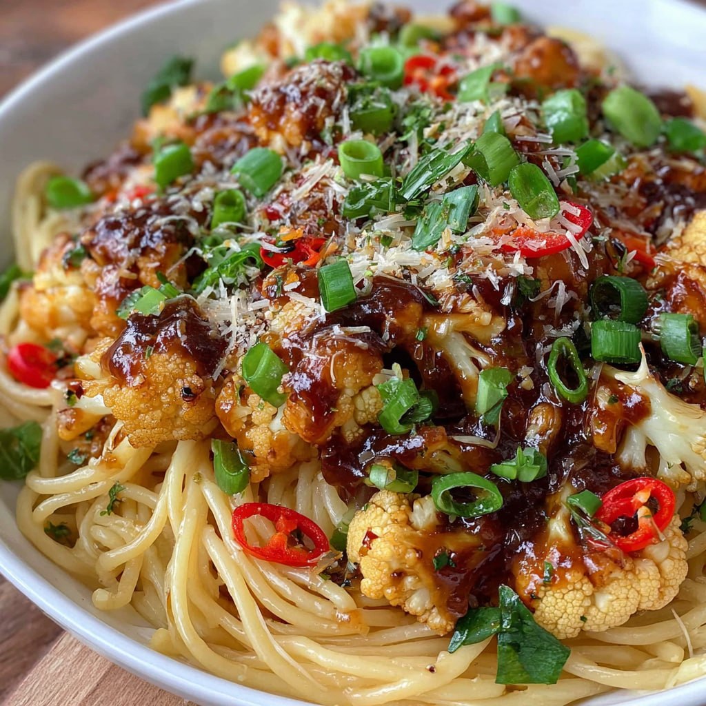 Close-up of cauliflower piece coated in glossy black pepper sauce showing crispy exterior, dark caramelized edges, visible cracked pepper, twirled spaghetti underneath
