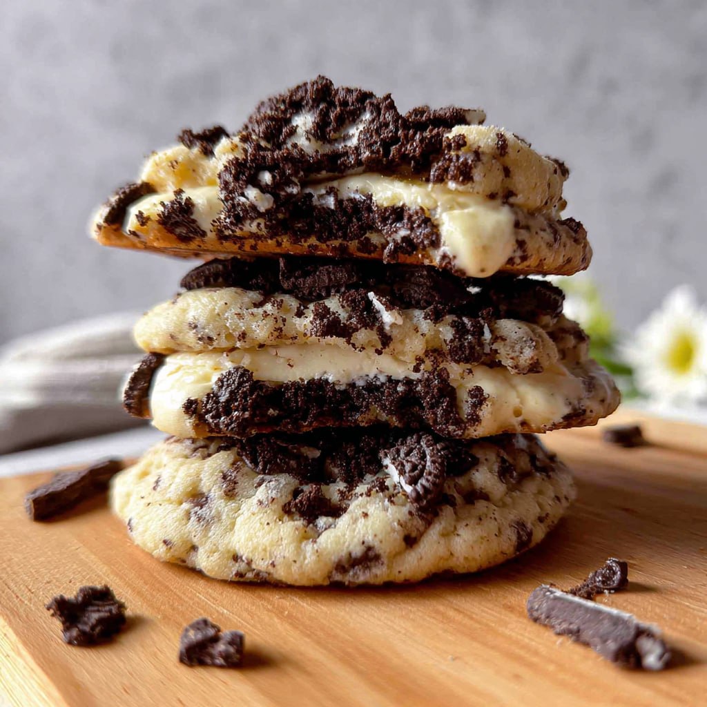 Close-up of single split cookie showing soft baked cookie exterior with visible Oreo chunks, gooey white cream cheese filling center