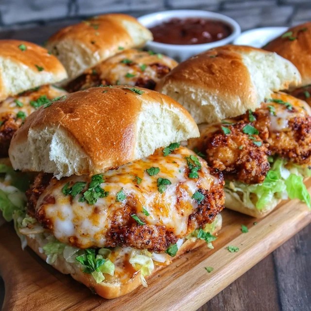 Close-up of a single slider showing crackly crispy chicken coating, pillow soft Hawaiian roll, crisp pickle slice, drizzle of honey sauce, lettuce edge