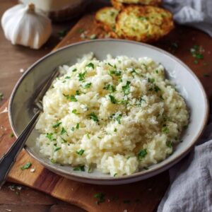 Creamy garlic parmesan risotto in a shallow bowl, glossy arborio rice with a loose spoonable texture, grated parmesan melting on top, cracked black pepper, fresh parsley
