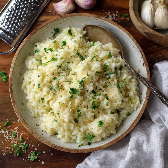 Close-up of risotto showing individual plump rice grains in a silky sauce, a spoon lifting a creamy bite, parmesan shards