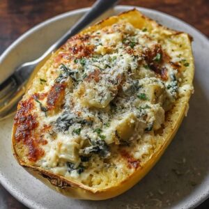 Two roasted spaghetti squash halves filled with creamy spinach artichoke mixture, melted bubbly cheese on top, golden edges, served in the squash shells on a baking sheet