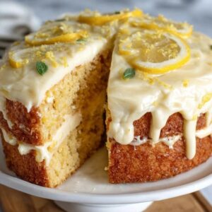Lemon drizzle cake loaf on a board, golden crumb with a crackly sugar-lemon crust on top, a few slices cut to show the moist tender interior, lemon slices and zest alongside