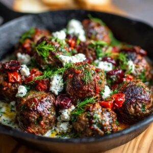 Mediterranean meatballs in a skillet of rich tomato sauce topped with crumbled feta and fresh herbs, served with warm pita and lemon wedges