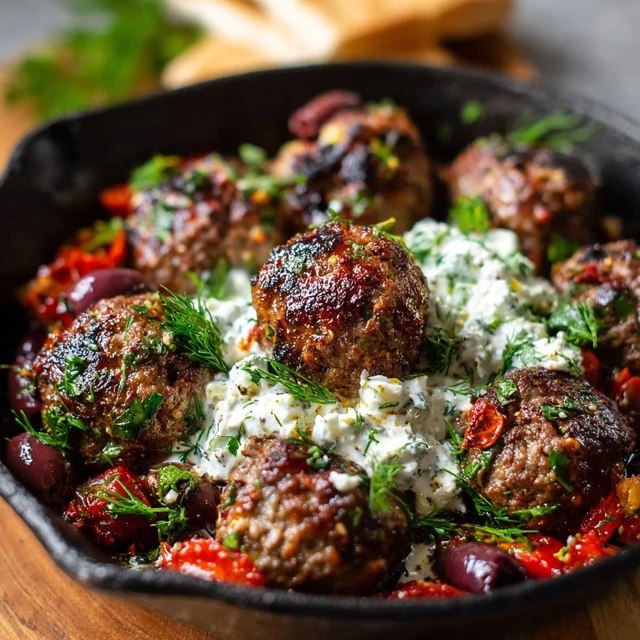 Close-up of a juicy meatball cut open showing herbs and spices, sitting in tomato sauce with melting feta
