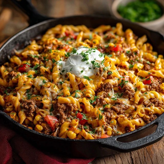 Cheesy Beef Pasta Skillet (One-Pan Ground Beef & Pasta in Tomato Cream Sauce, 30 Min)