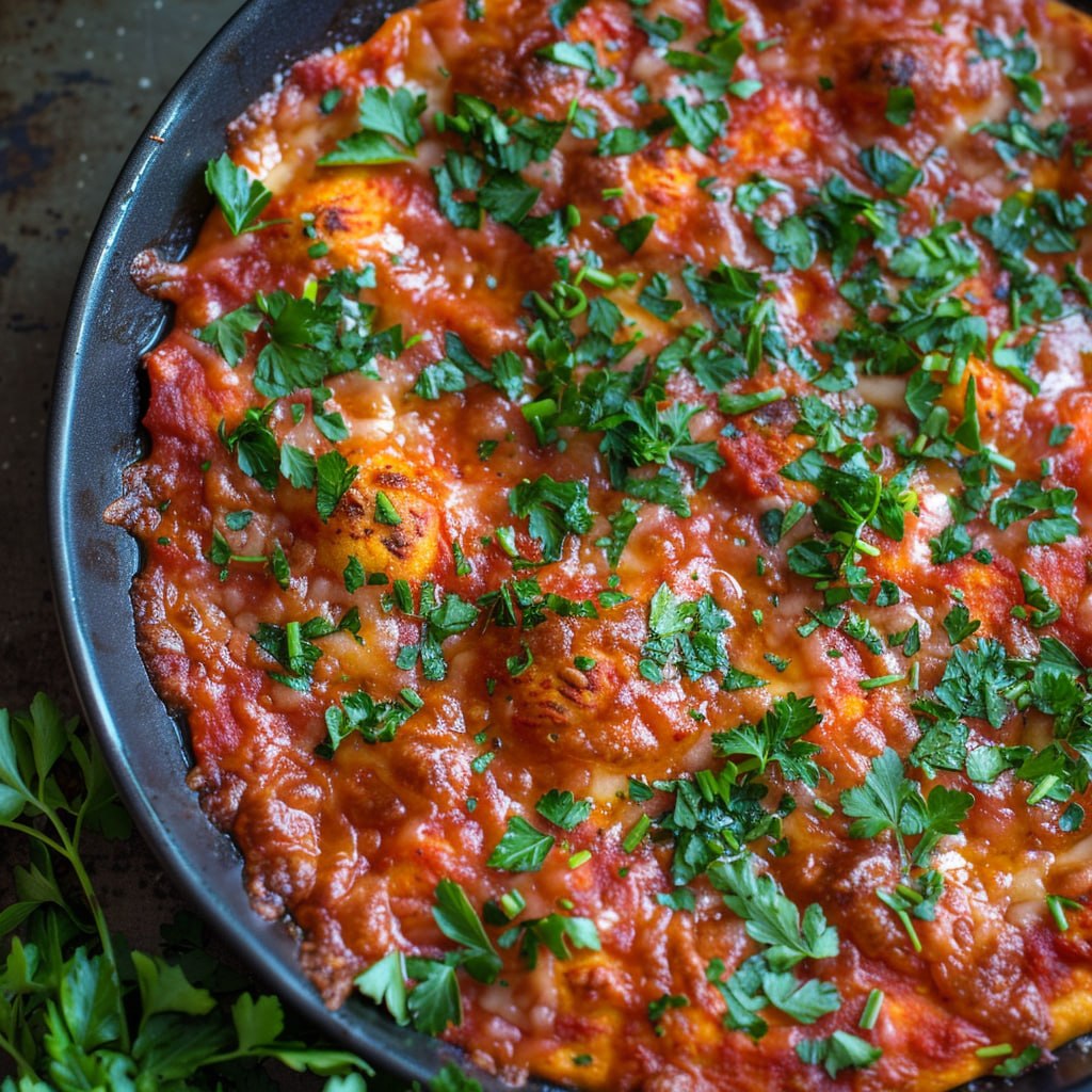 Close-up of bubble up pizza bake scoop showing fluffy biscuit chunks, melted cheese pull, pepperoni, marinara sauce coating everything