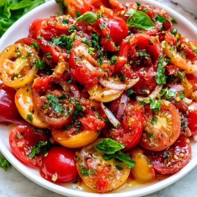 Close-up of the salad showing colorful heirloom tomatoes, creamy mozzarella, fresh basil and glossy balsamic