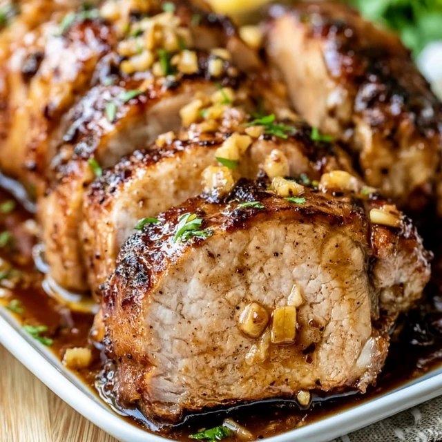 Close-up of sliced pork tenderloin showing the juicy interior and the sticky caramelized honey garlic glaze