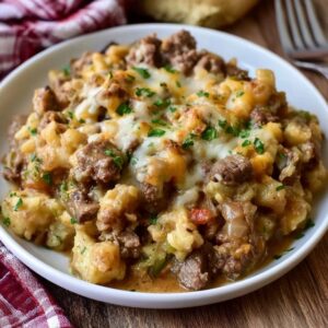 Cheesy beef tater tot casserole in a baking dish, crispy golden tater tots over a layer of cheesy ground beef, melted cheese bubbling between the tots, parsley on top