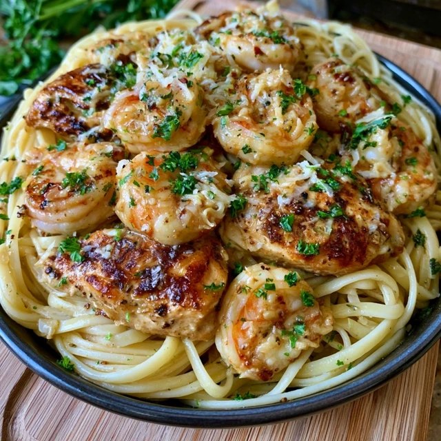 Close-up of juicy garlic butter shrimp on a fork of linguine glistening with buttery sauce and flecks of parsley