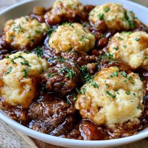 Beef stew with dumplings in a dutch oven, chunks of tender beef, carrots and potatoes in a rich brown gravy topped with golden fluffy dumplings, fresh thyme on top