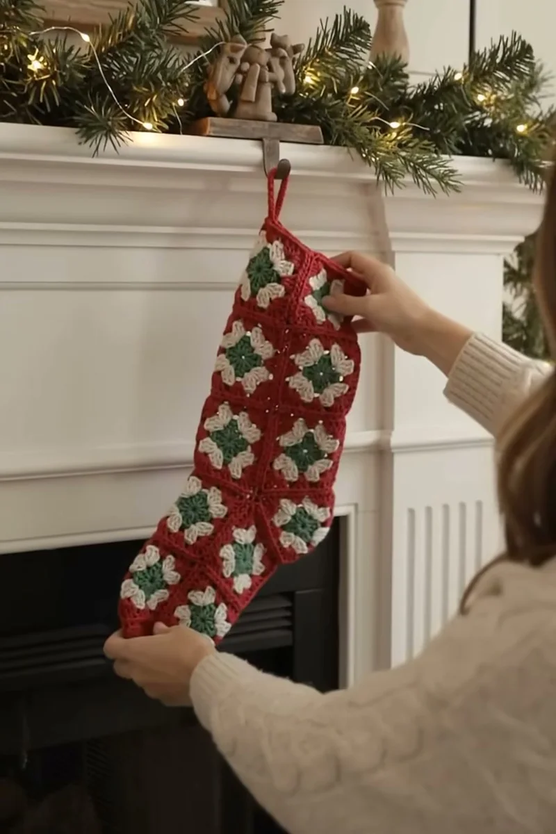 Crochet Granny Square Christmas Stocking Pattern finished