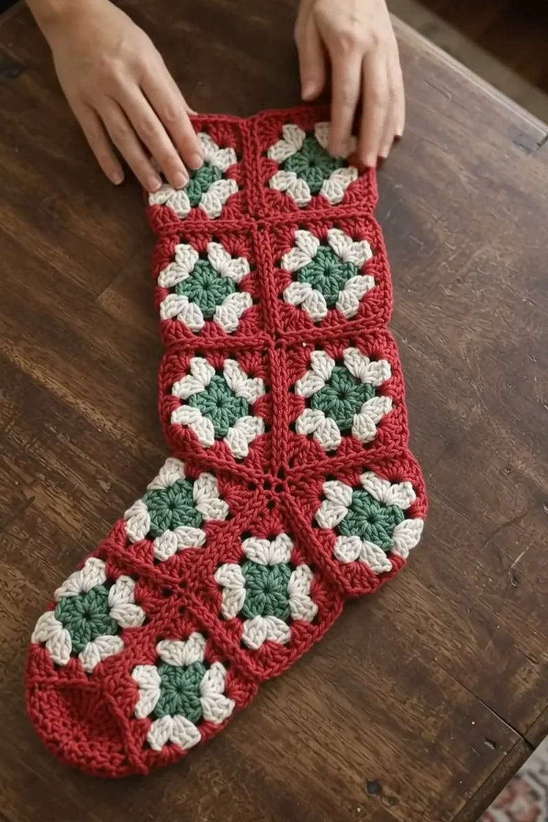 Finished Crochet Granny Square Christmas Stocking Pattern