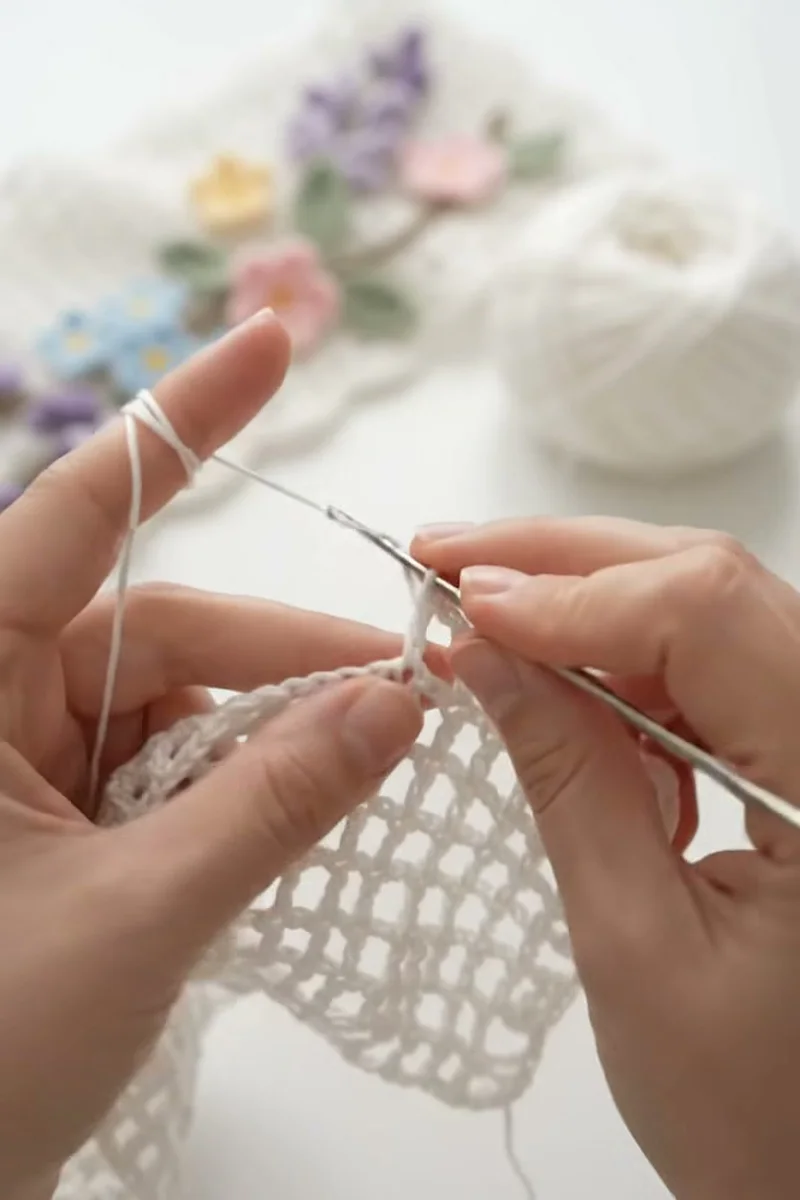 Crocheting the Crochet Wisteria Flower Mesh Scarf Pattern