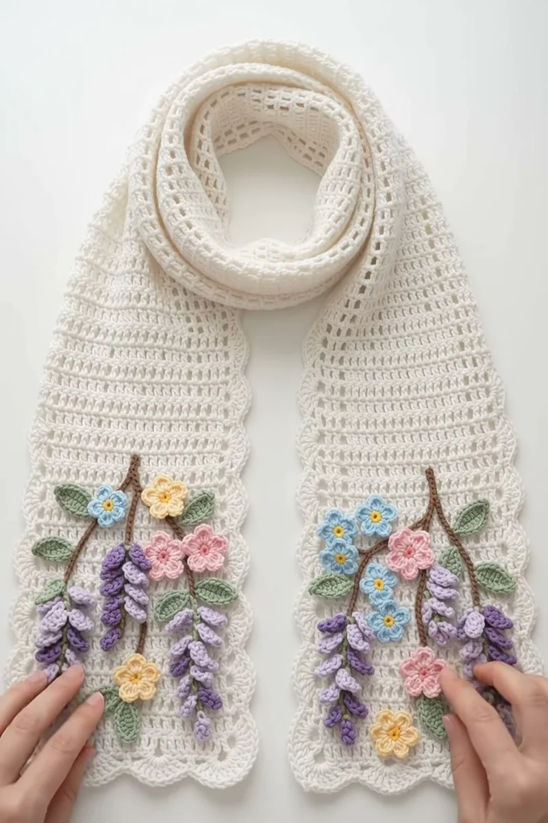 Crochet Wisteria Flower Mesh Scarf Pattern finished